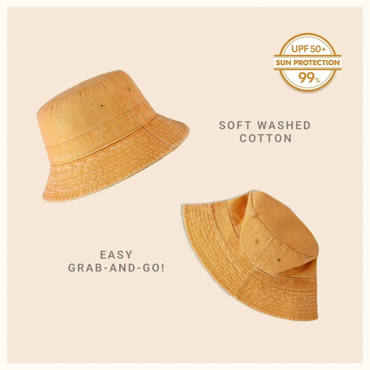 Washed cotton bucket hat with moldable brim, mustard gold, adjustable drawstring