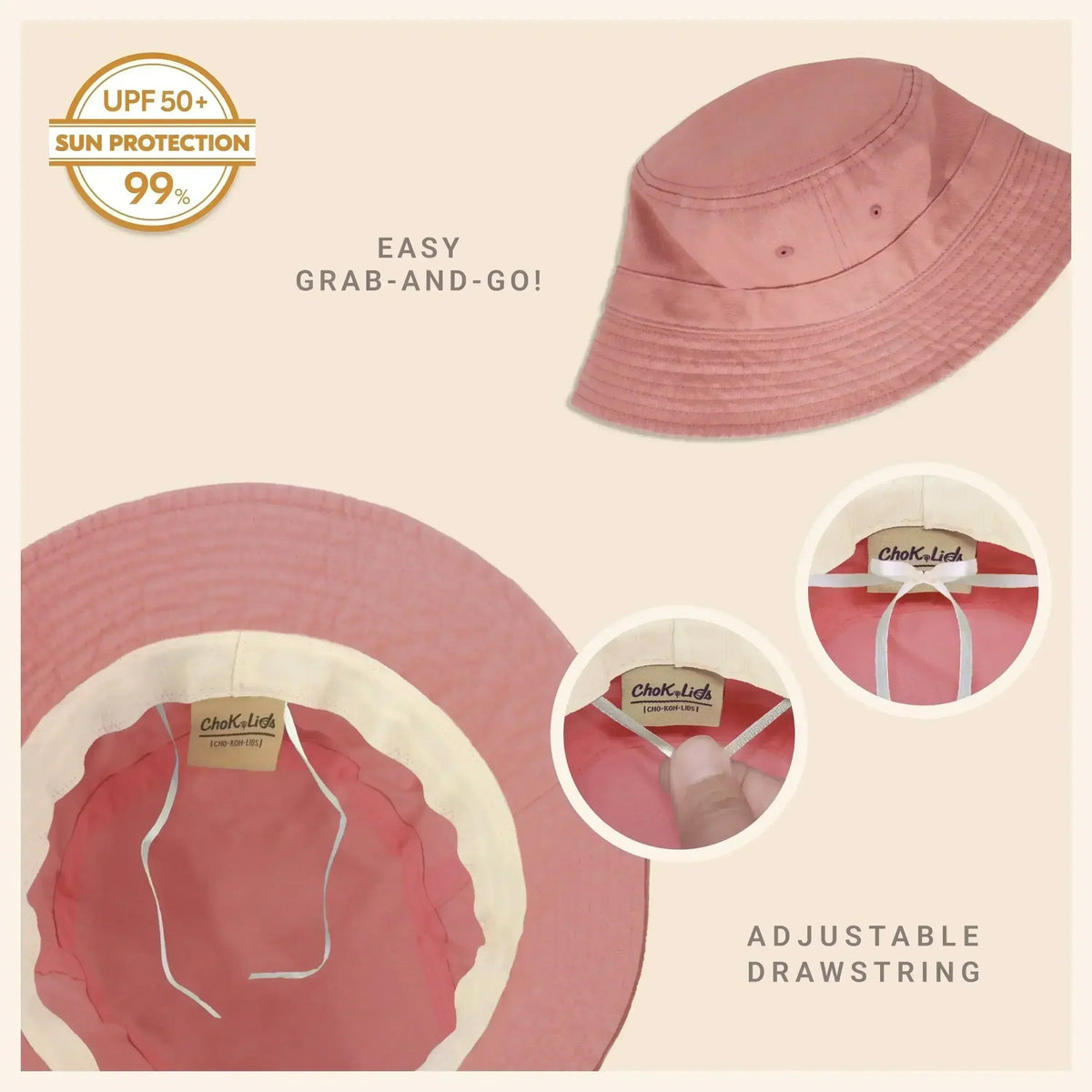 Washed cotton bucket hat with moldable brim, dusty rose pink, adjustable drawstring