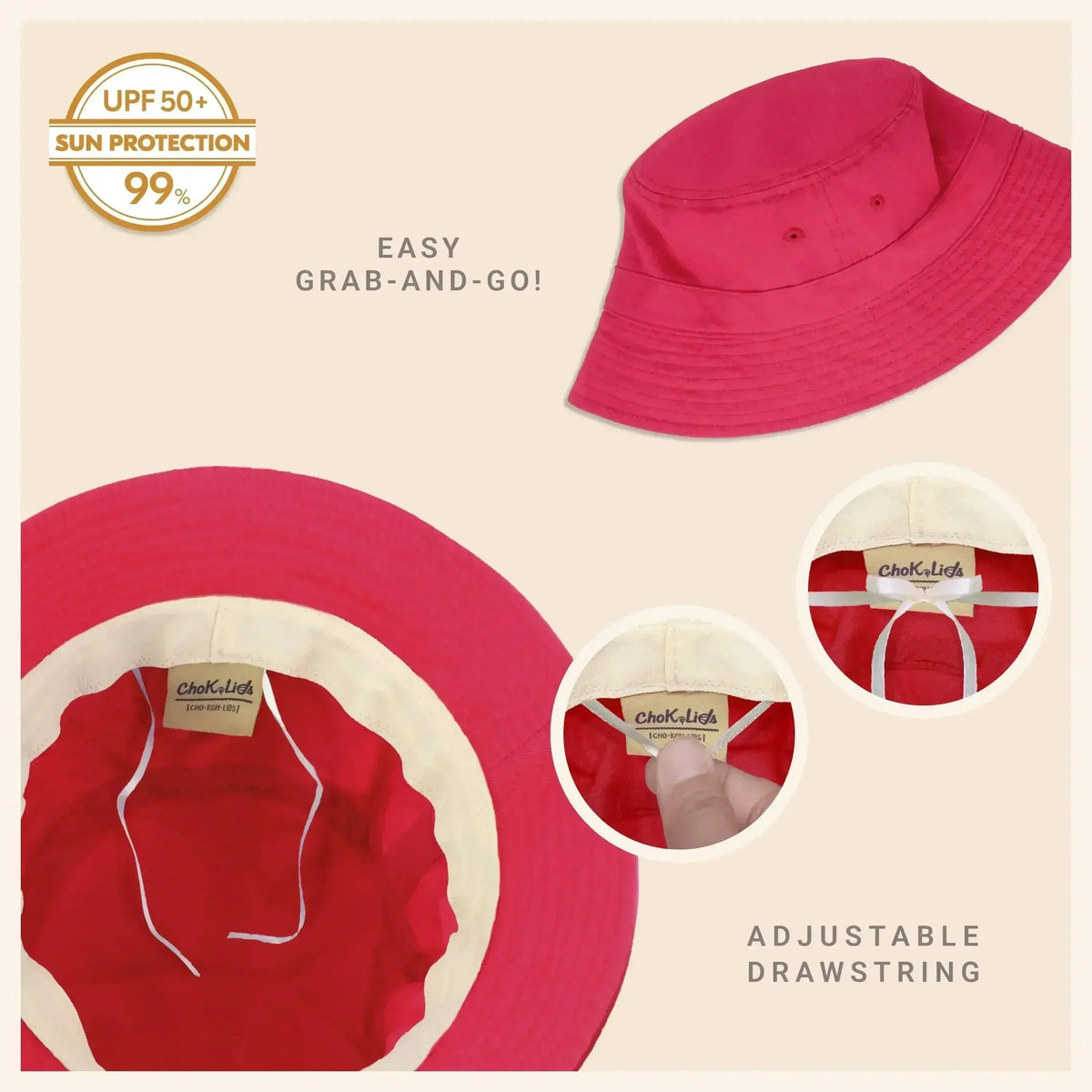 Washed cotton bucket hat with moldable brim, bright pink, adjustable drawstring