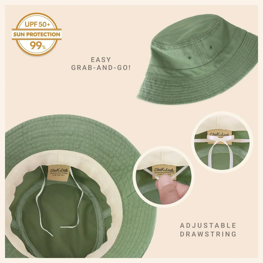 Washed cotton bucket hat with moldable brim, green, adjustable drawstring