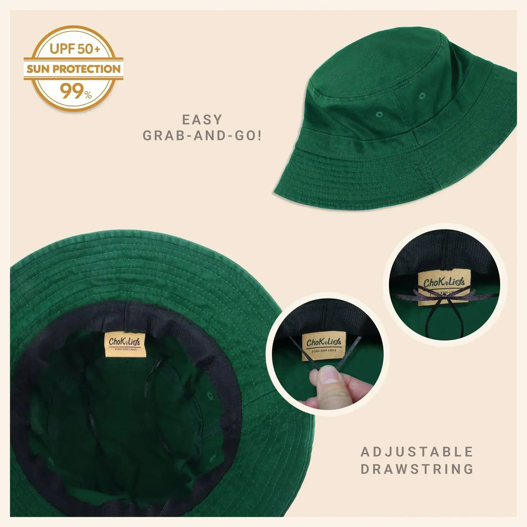 Dark green washed cotton bucket hat with adjustable drawstring and UPF sun protection