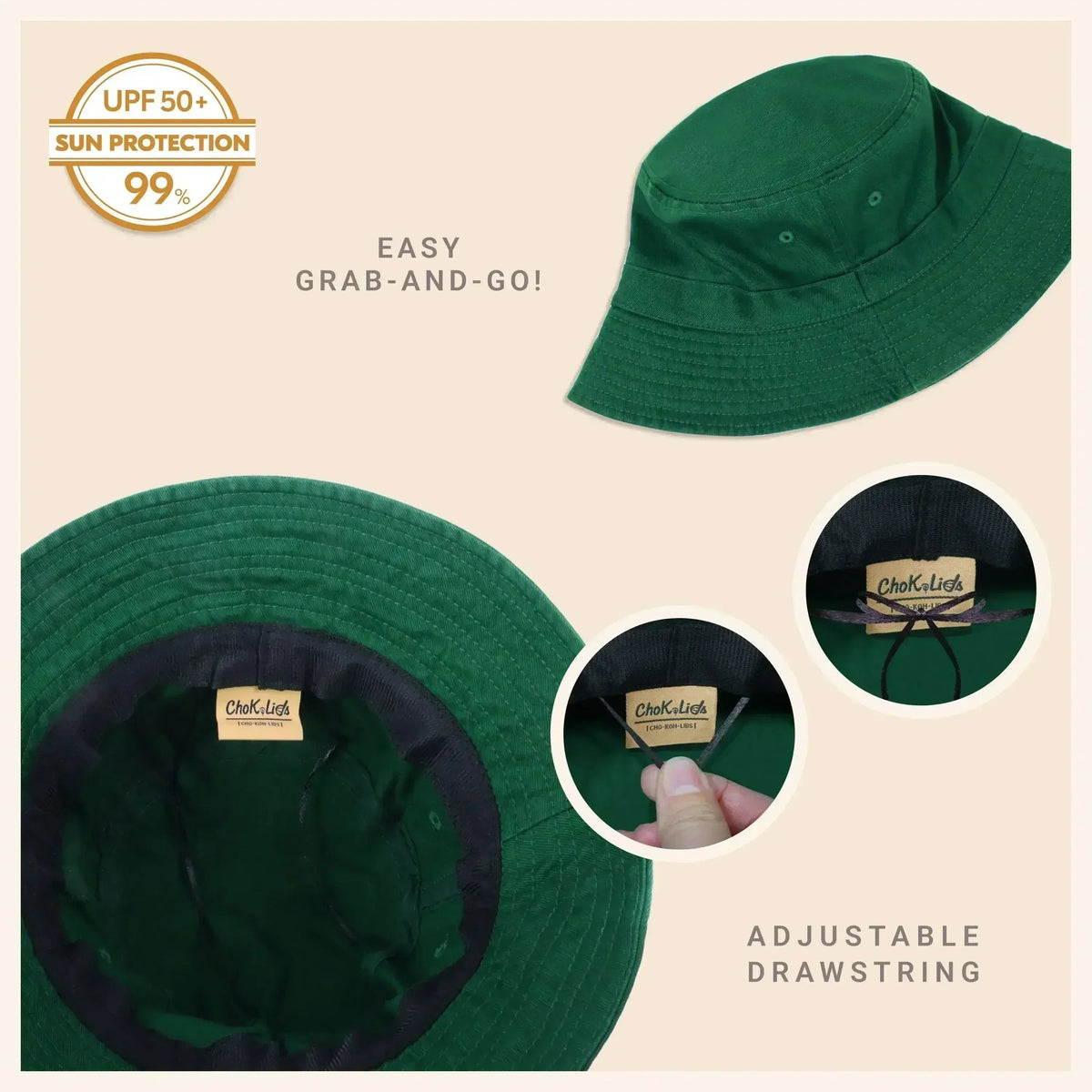 Dark green washed cotton bucket hat with adjustable drawstring and UPF sun protection