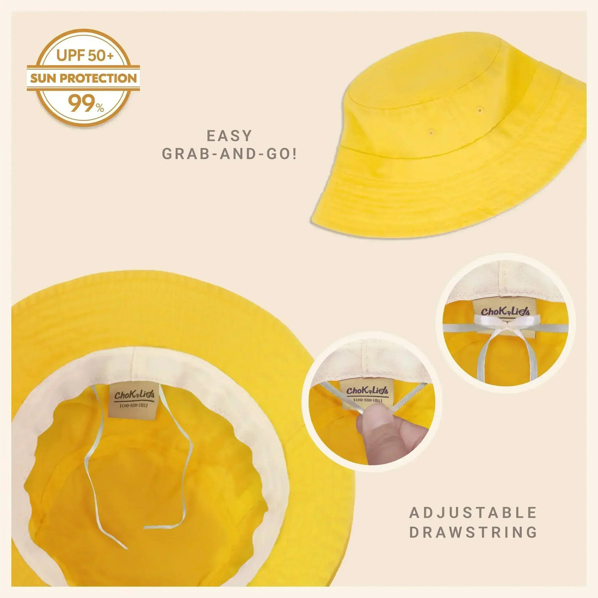 Yellow washed cotton bucket hat with moldable brim and UPF sun protection