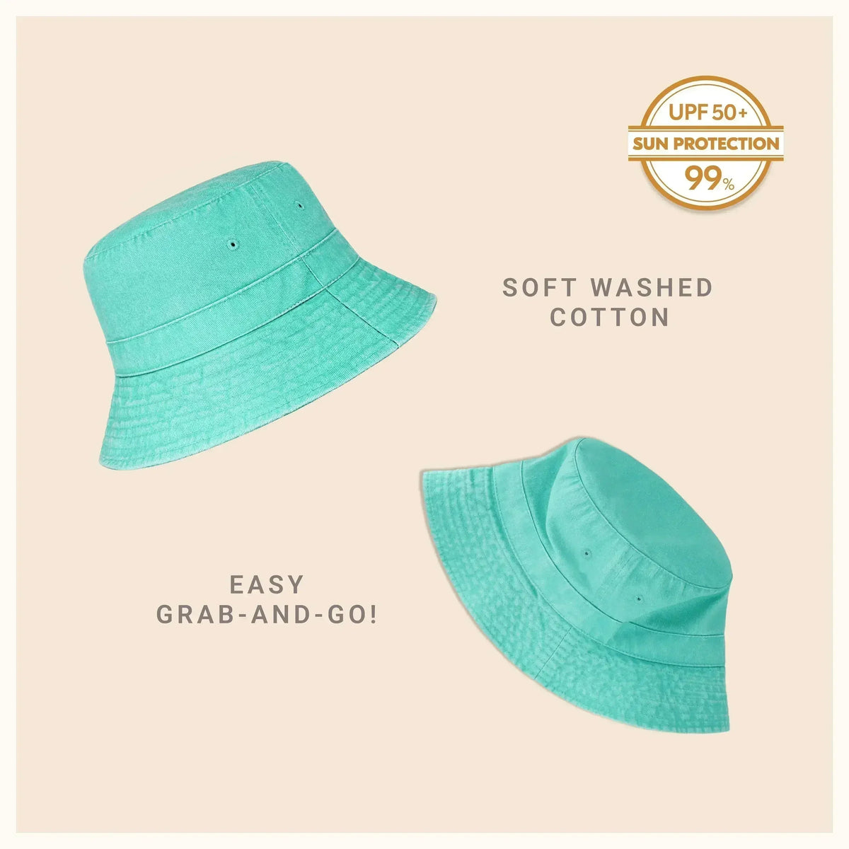 Washed cotton bucket hat with moldable brim, turquoise, adjustable drawstring