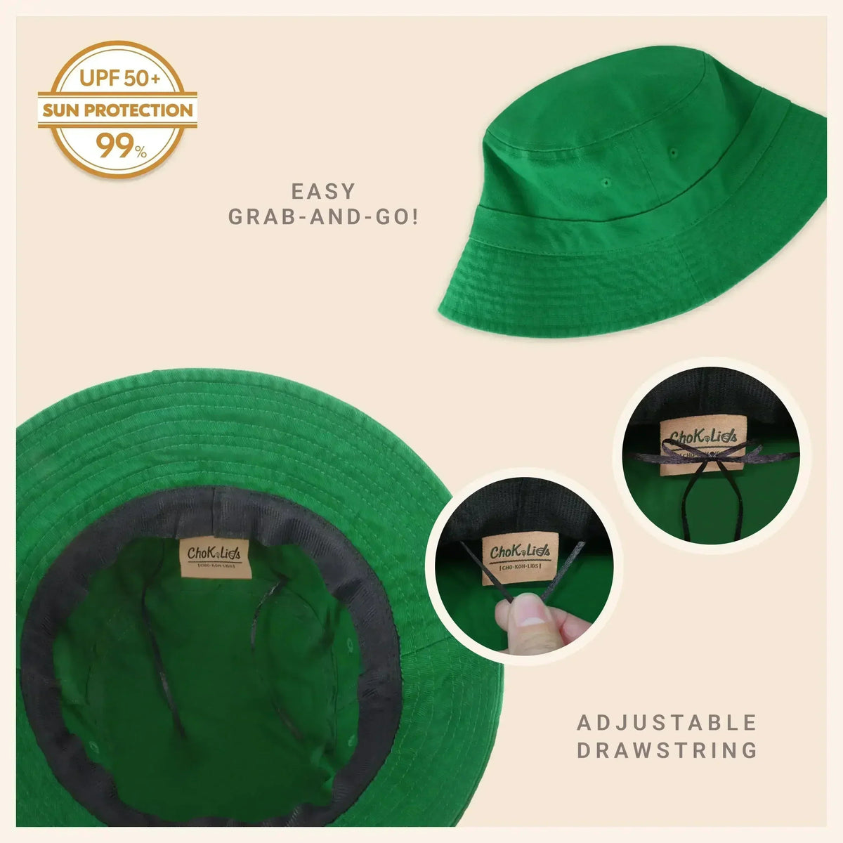 Green washed cotton bucket hat with moldable brim and UPF sun protection