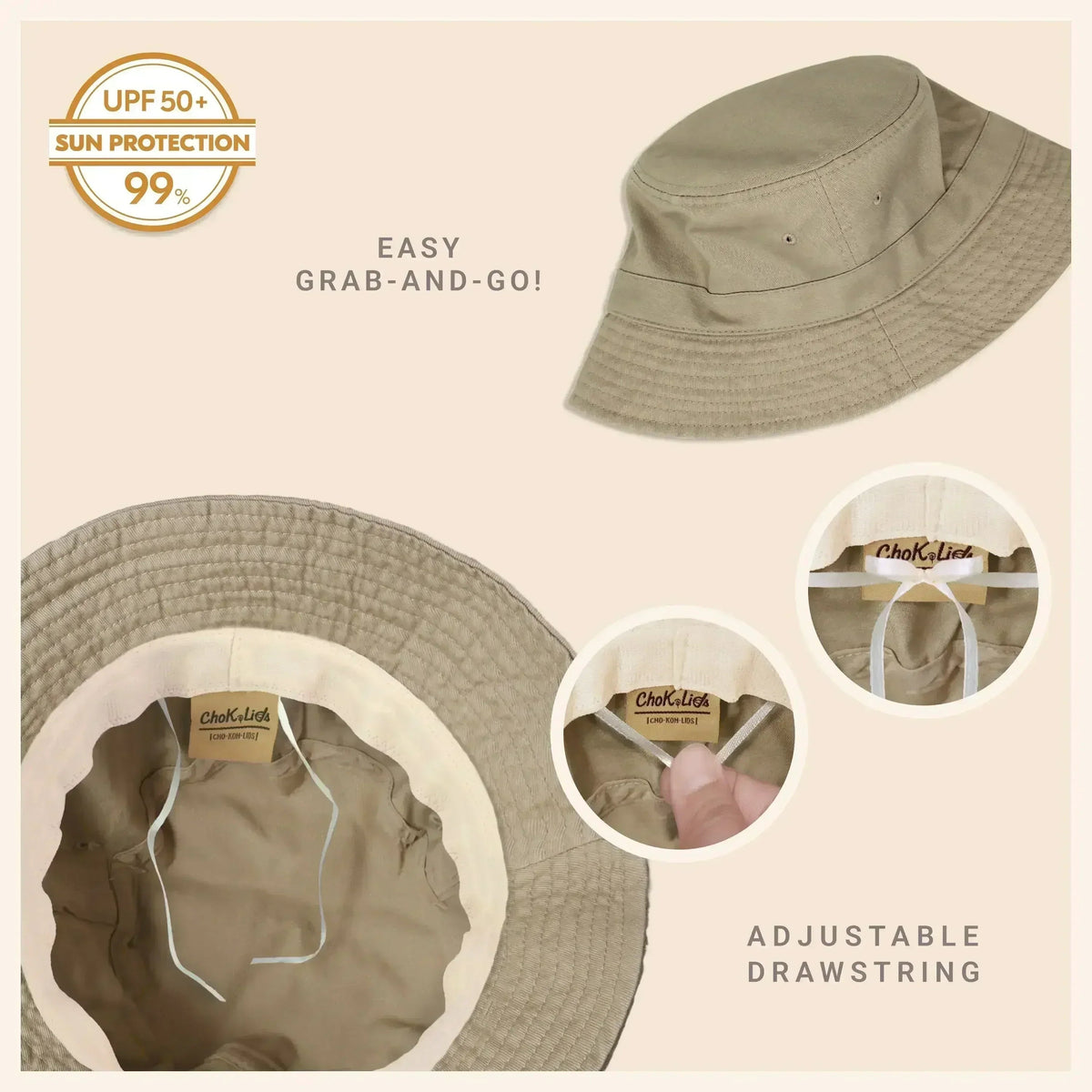 Light khaki washed cotton bucket hat with moldable brim and UPF sun protection