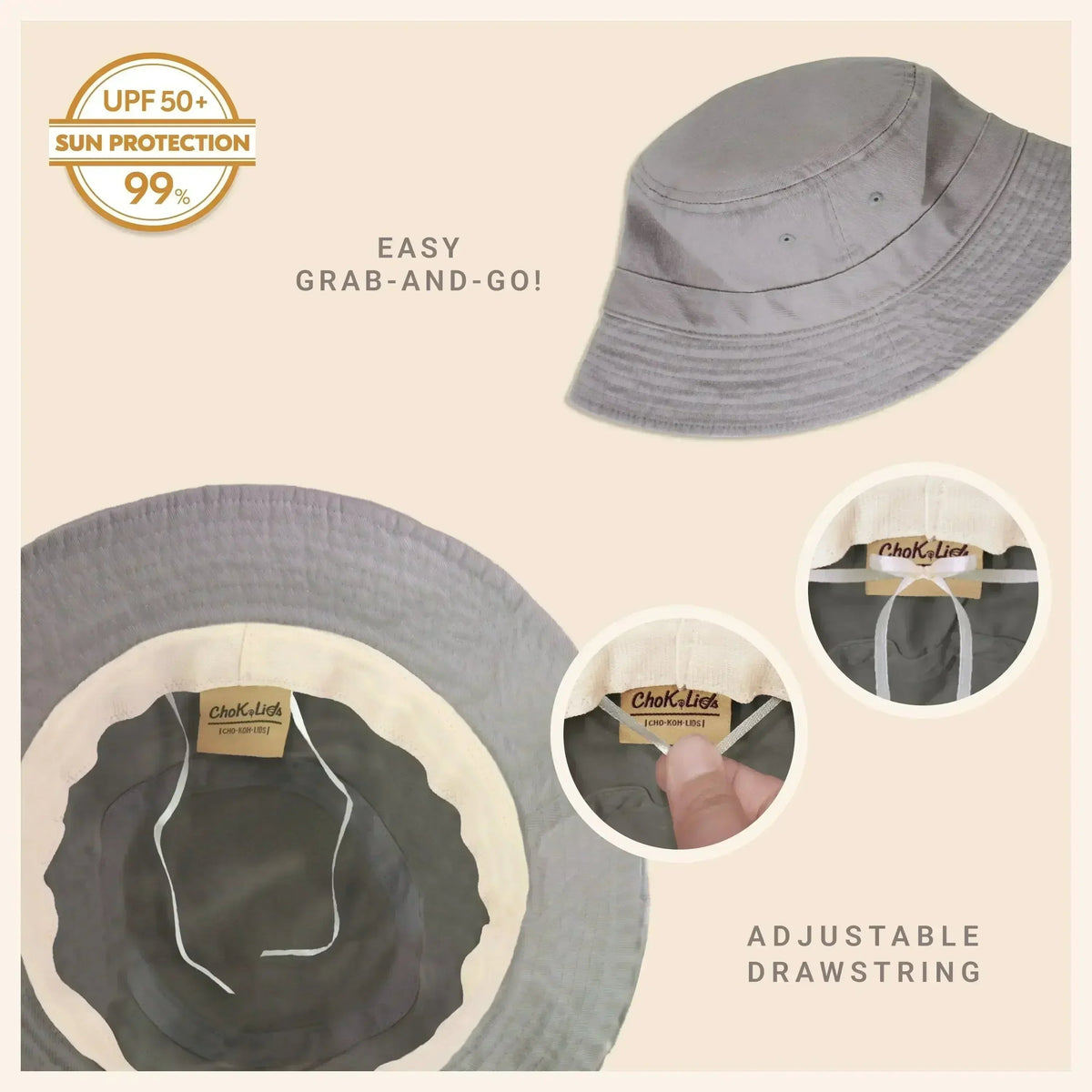 Gray washed cotton bucket hat with moldable brim and UPF sun protection