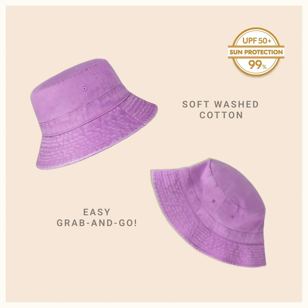 Purple washed cotton bucket hat with moldable brim and UPF sun protection