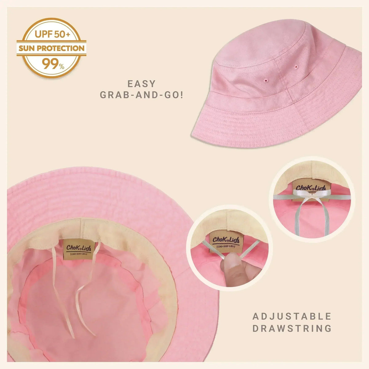 Pink washed cotton bucket hat with moldable brim and UPF sun protection
