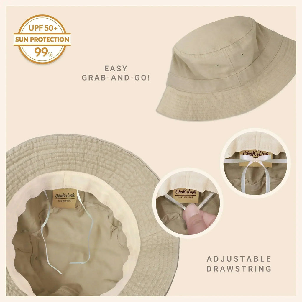 Tan washed cotton bucket hat with moldable brim and UPF sun protection