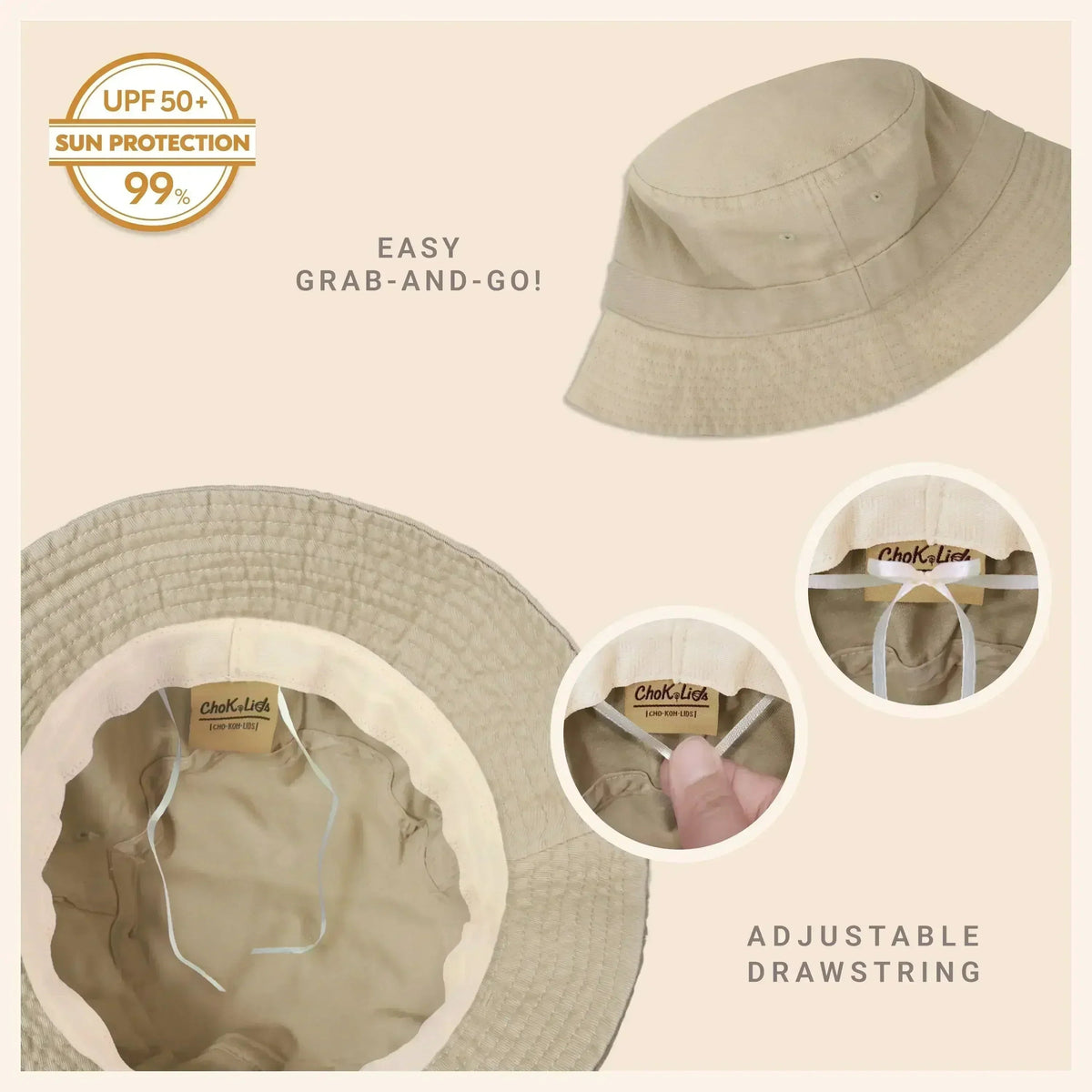 Tan washed cotton bucket hat with moldable brim and UPF sun protection