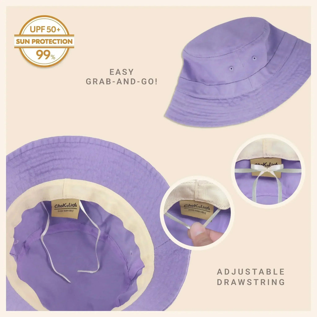 Lavender washed cotton bucket hat with moldable brim and UPF sun protection