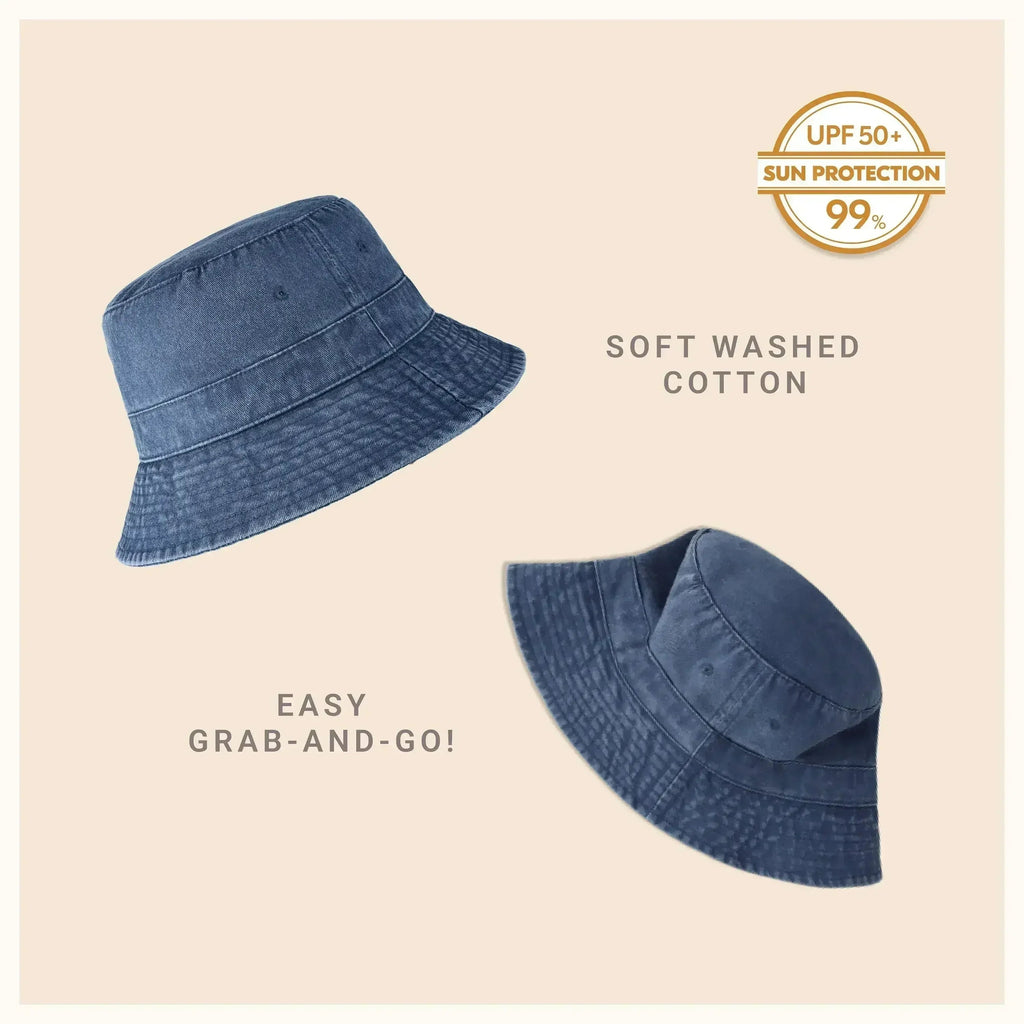 Denim blue washed cotton bucket hat with moldable brim and UPF sun protection