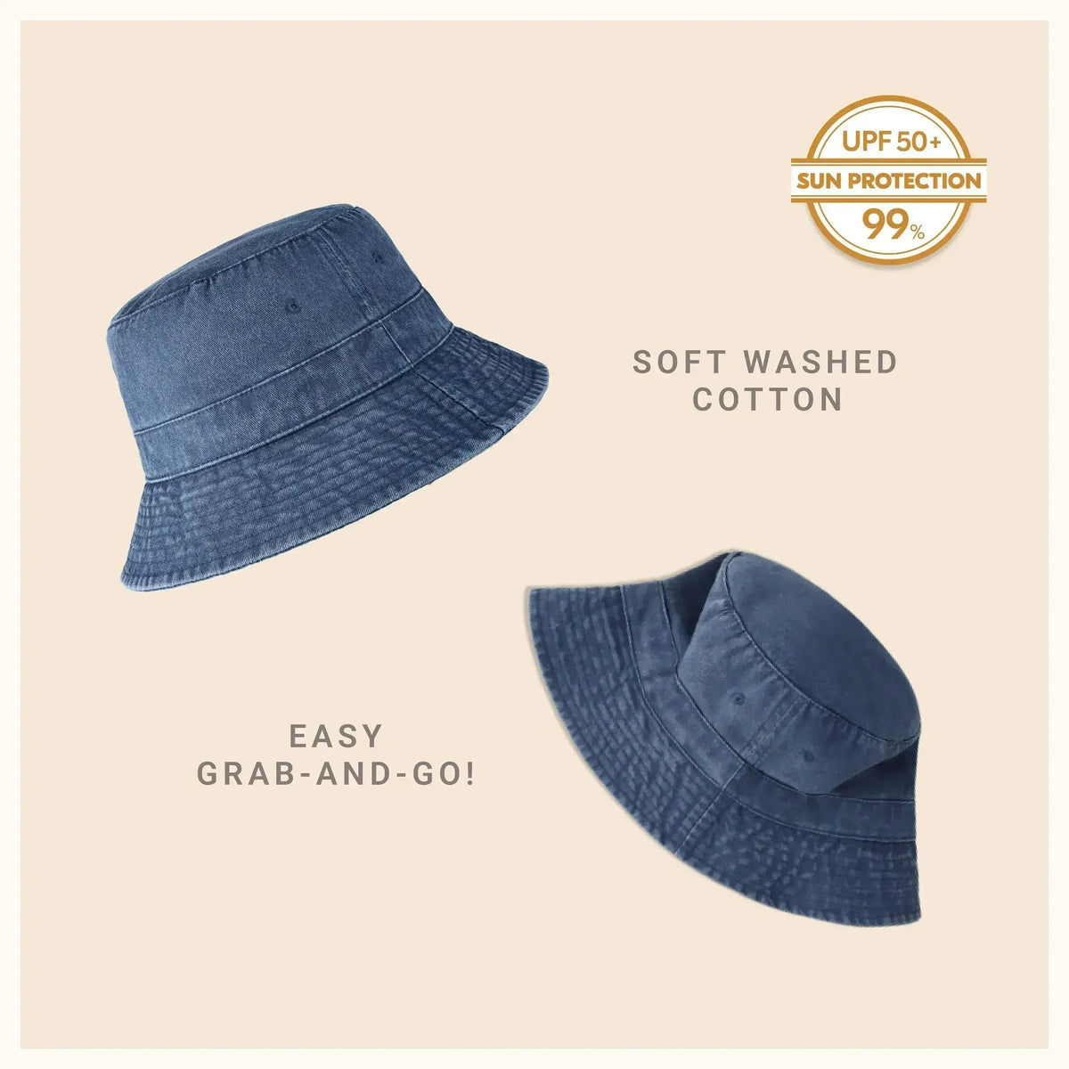 Denim blue washed cotton bucket hat with moldable brim and UPF sun protection