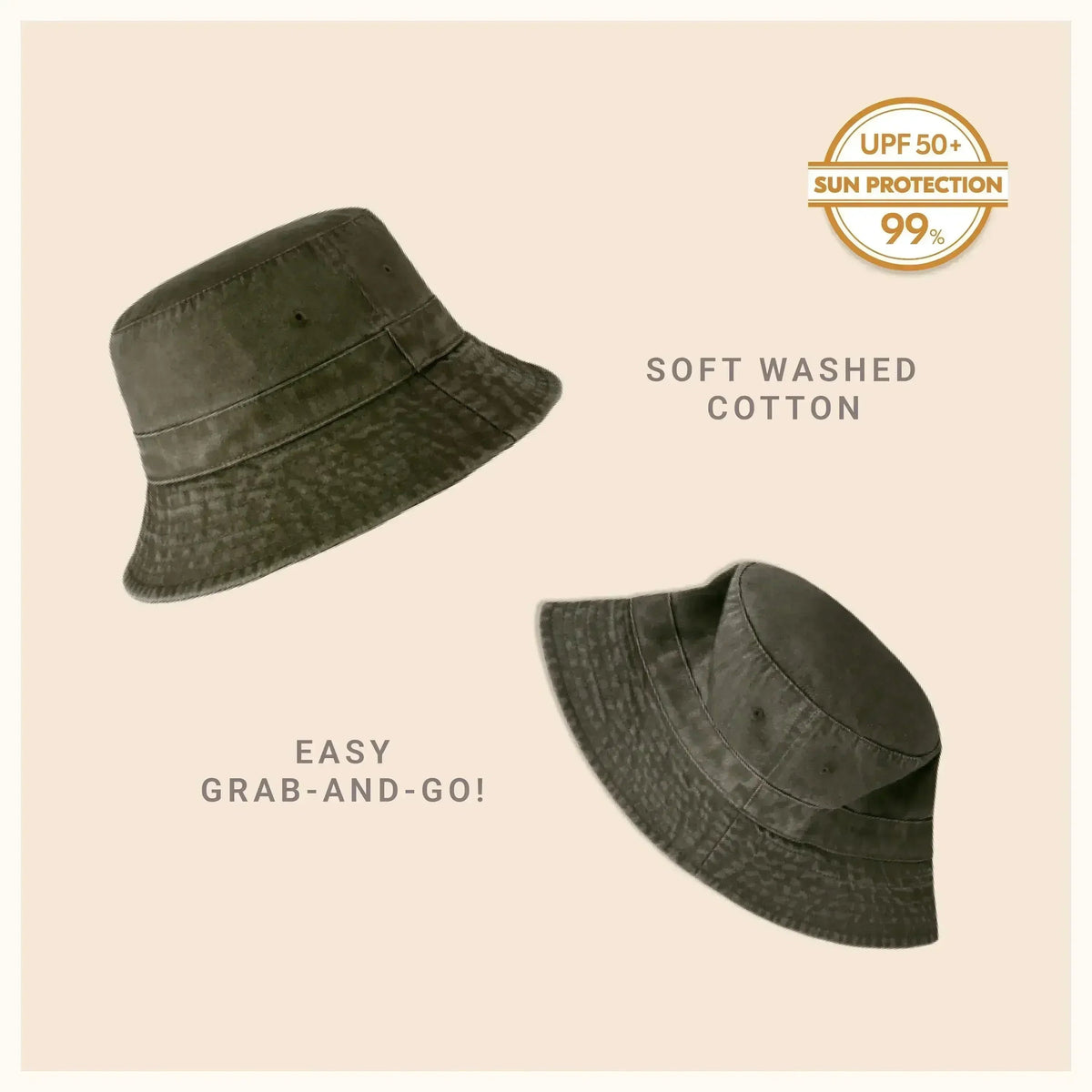 Washed cotton bucket hat in dark olive green with moldable brim for sun coverage.