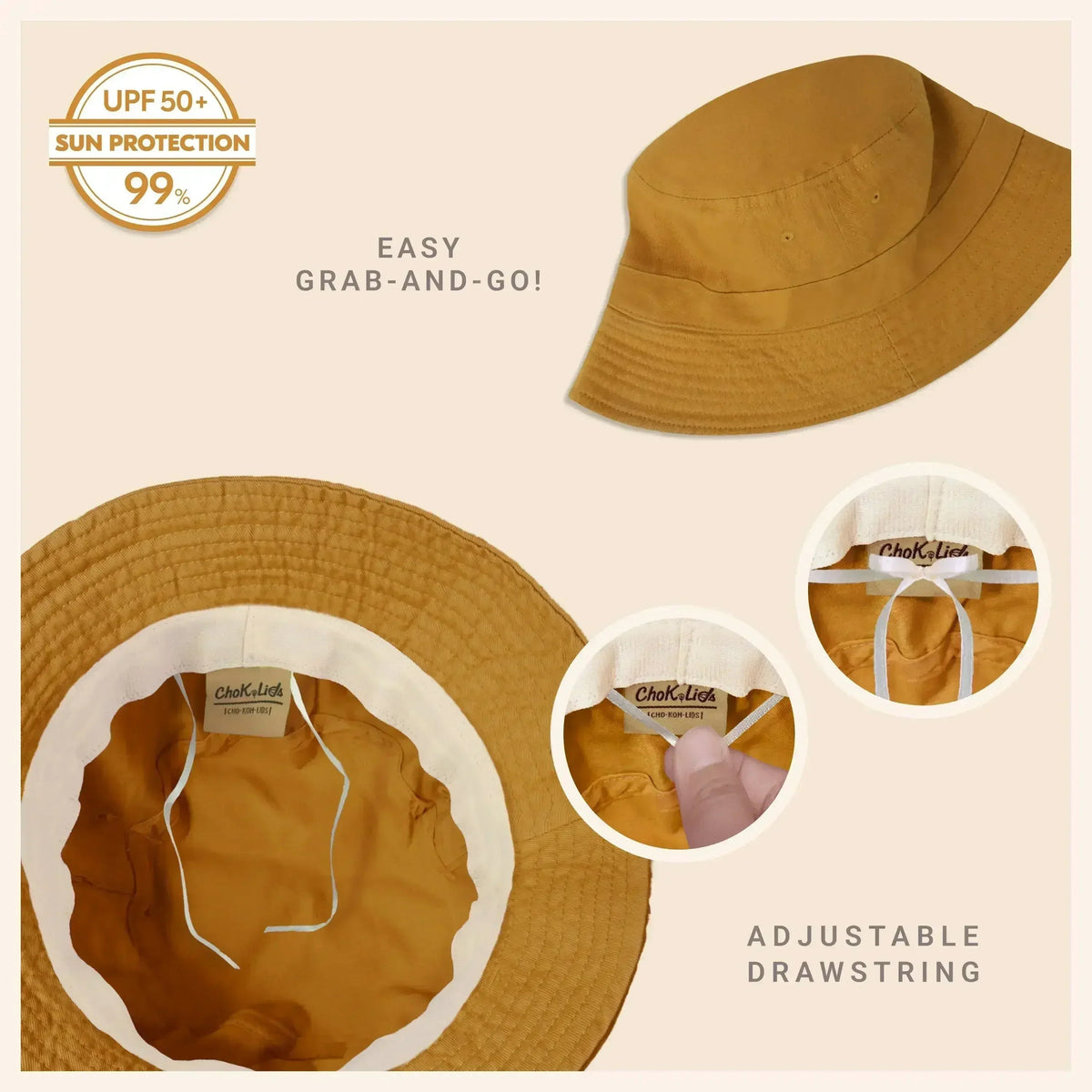 Washed cotton bucket hat in mustard brown with adjustable drawstring and molded brim.