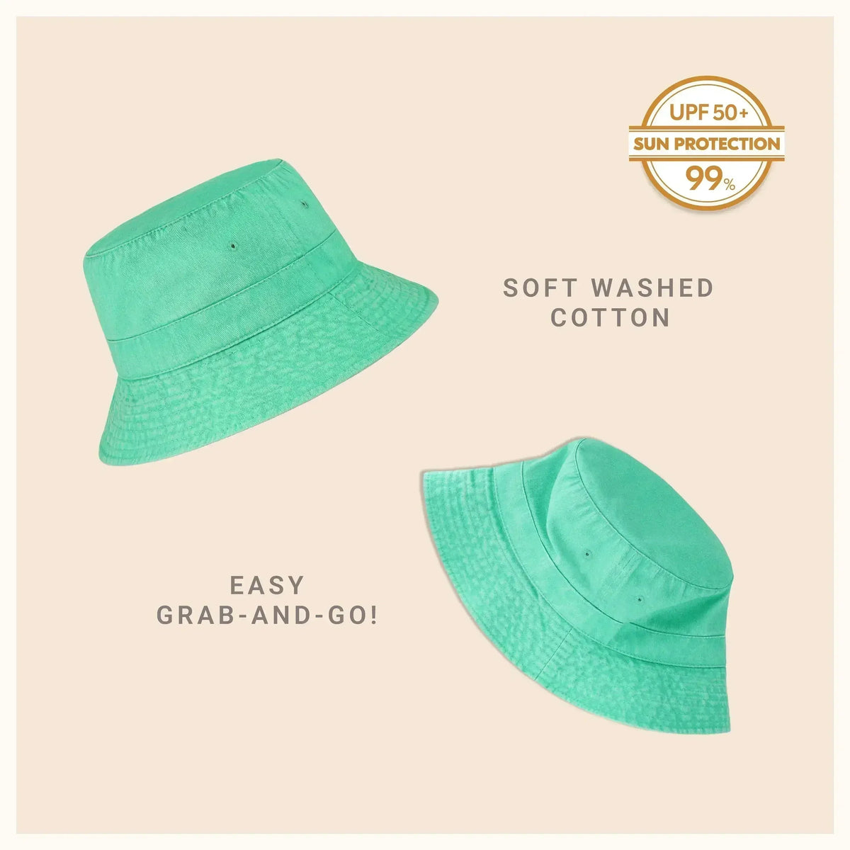 Washed cotton bucket hat in mint green with moldable brim for sun coverage.
