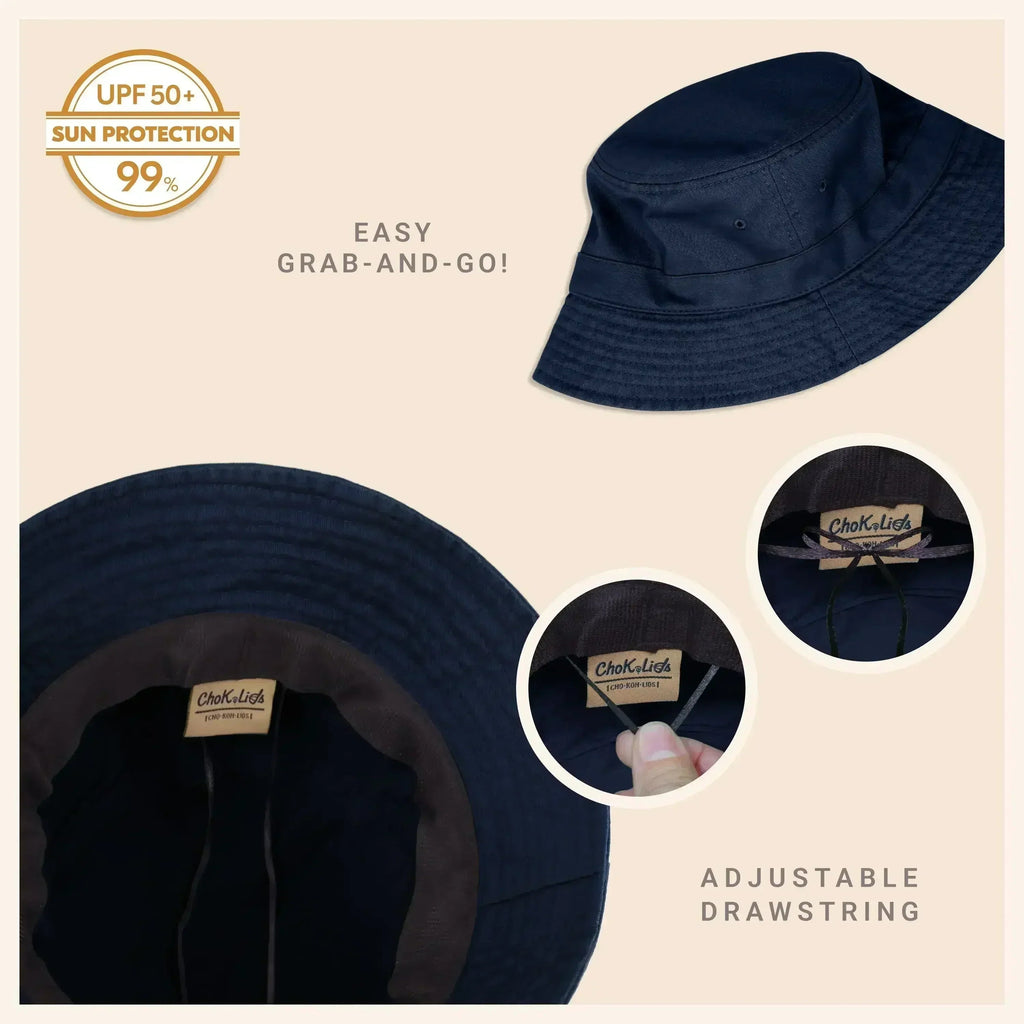 Washed cotton bucket hat in dark navy with adjustable drawstring detail and molded brim.