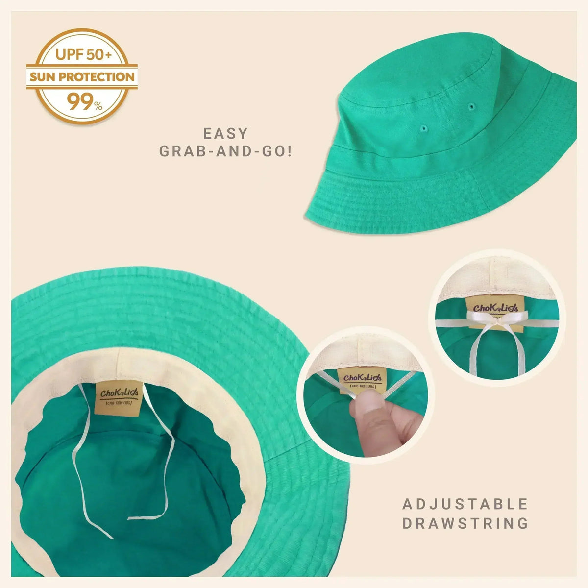 Washed cotton bucket hat in bright teal with adjustable drawstring and wide molded brim.