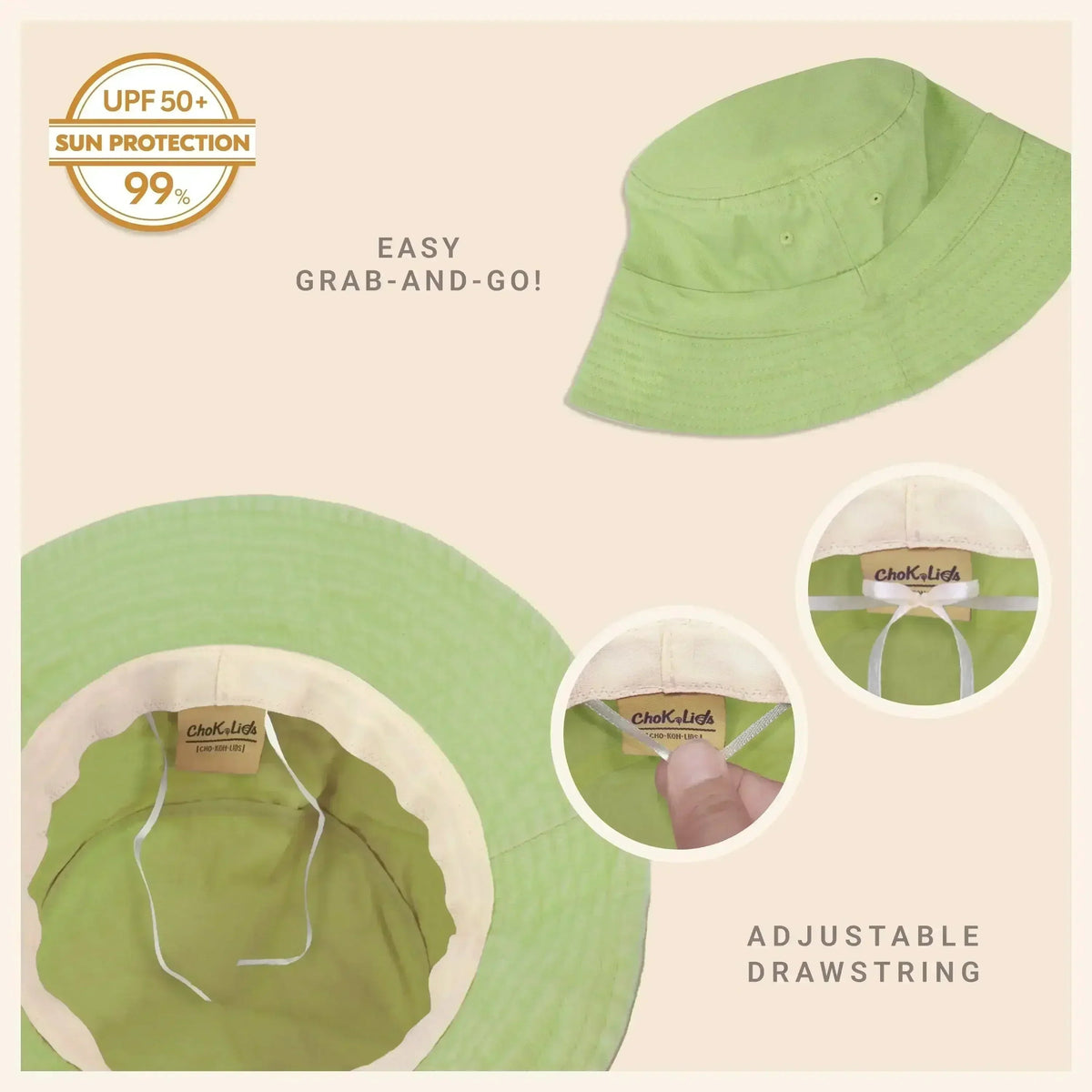 Washed cotton bucket hat in light lime green with adjustable drawstring and molded brim.