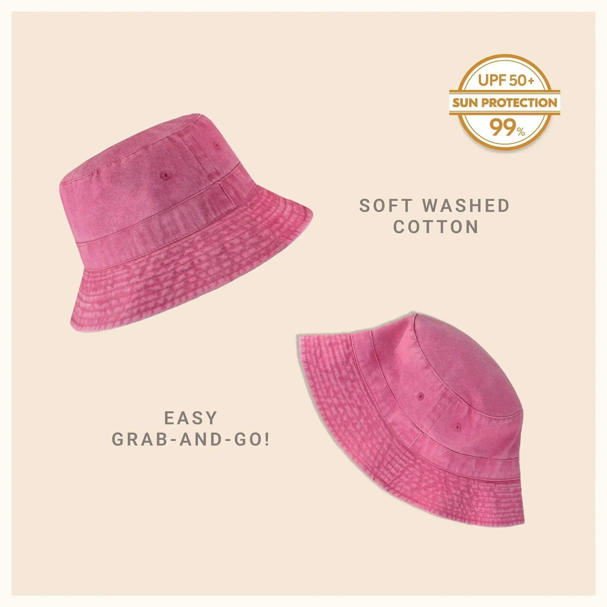 Washed cotton bucket hat with moldable brim, purple-pink color, UPF sun protection