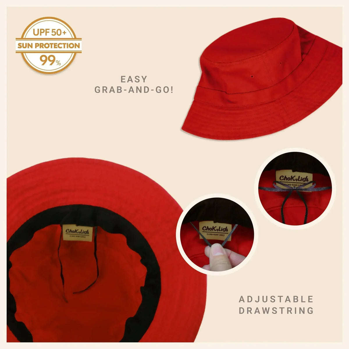 Washed cotton bucket hat in red with adjustable drawstring and wide molded brim.