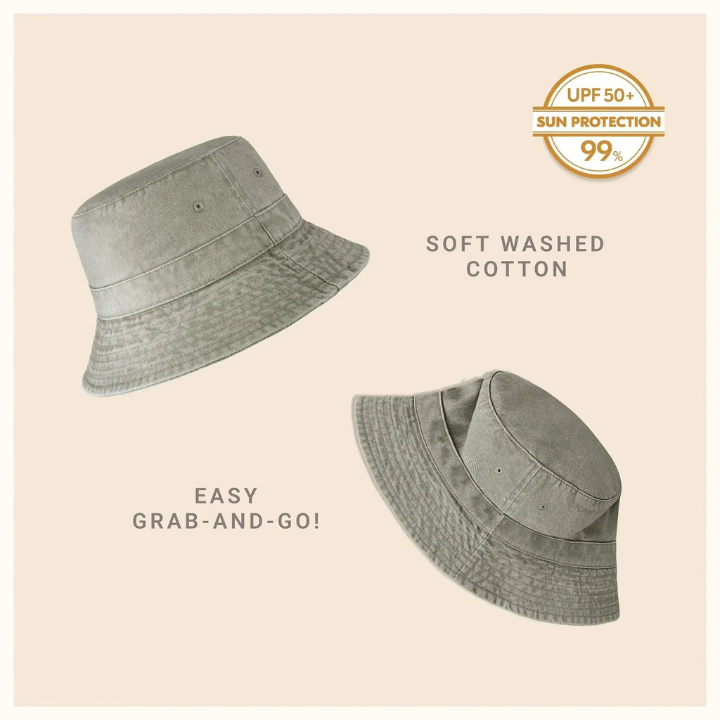 Washed cotton bucket hat with moldable brim, light gray color, UPF sun protection
