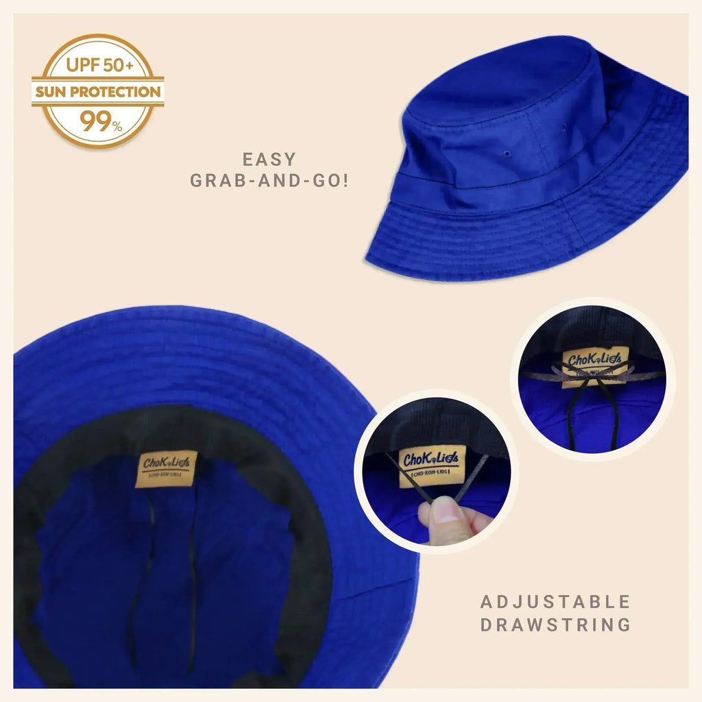 Washed cotton bucket hat with moldable brim, royal-blue color, adjustable drawstring