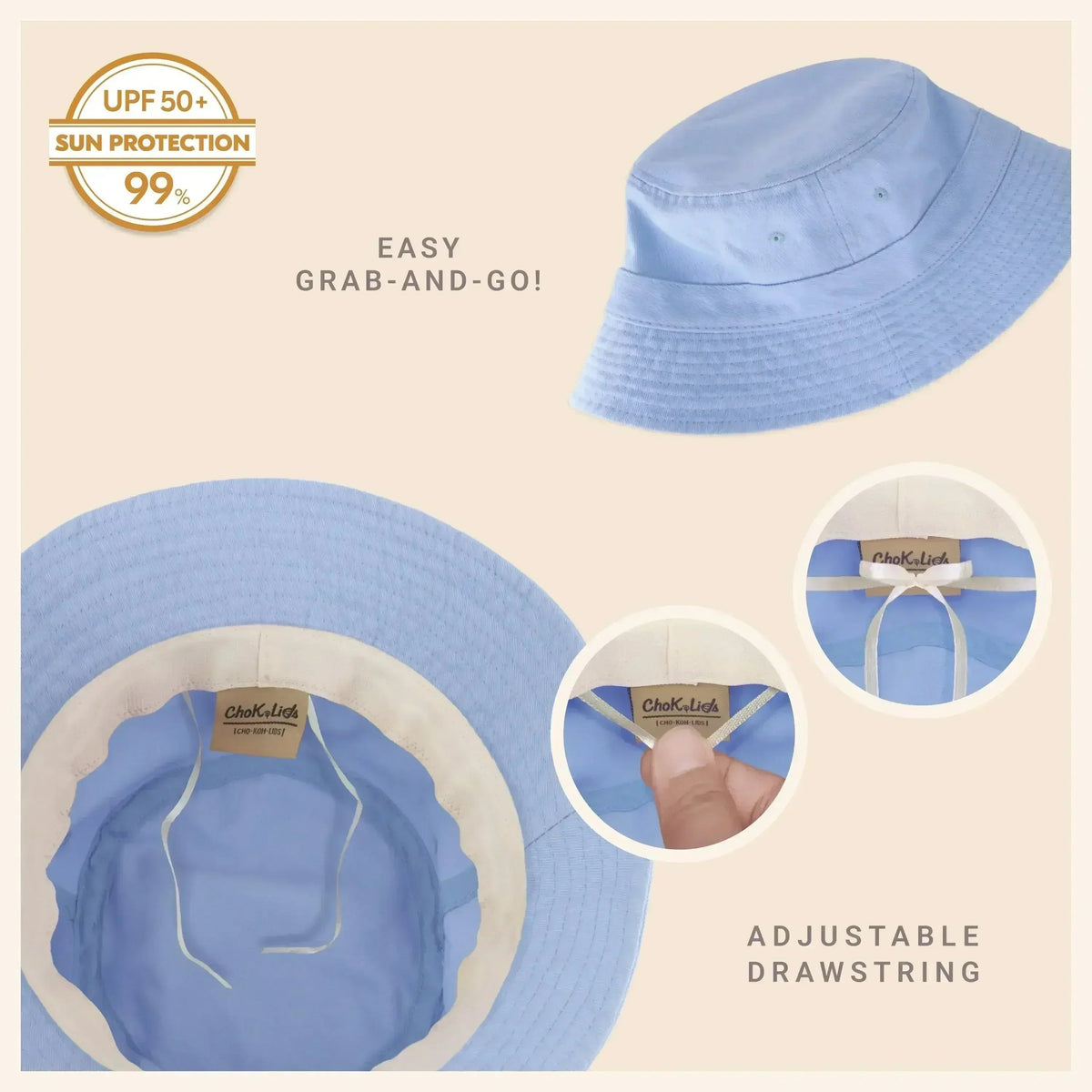 Washed cotton bucket hat in light sky blue with adjustable drawstring and molded brim.