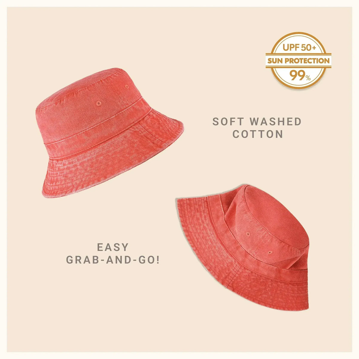 Washed cotton bucket hat with moldable brim, coral-red color, UPF sun protection