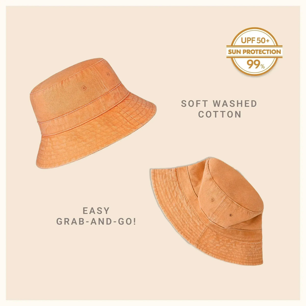 Washed cotton bucket hat with moldable brim, orange color, UPF sun protection