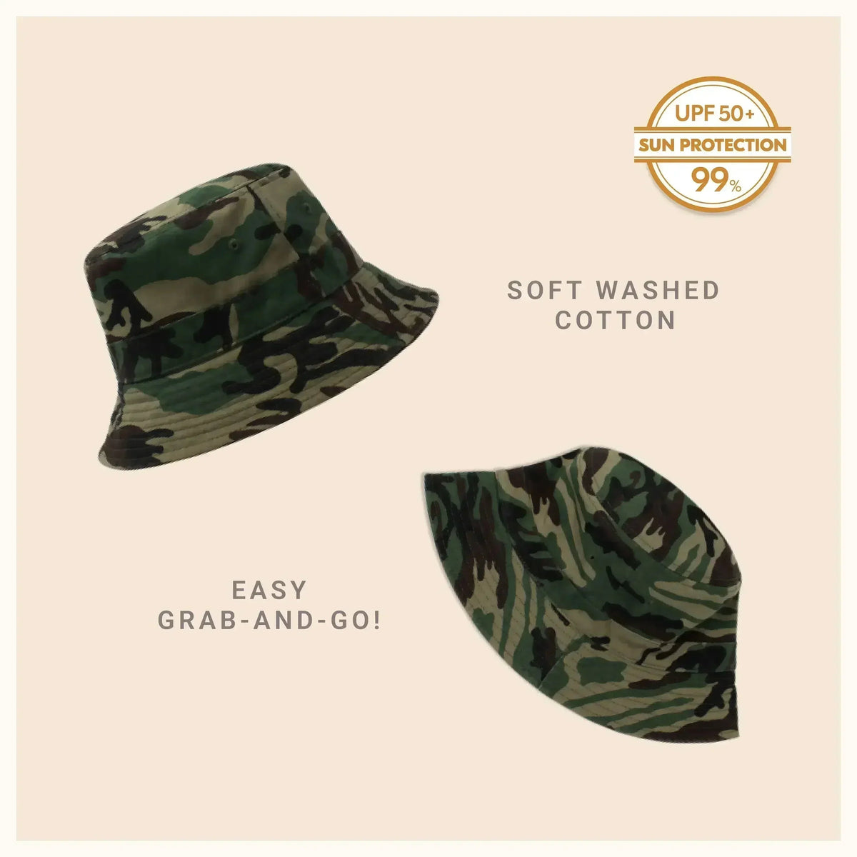 Washed cotton bucket hat with moldable brim, green camouflage print, UPF sun protection
