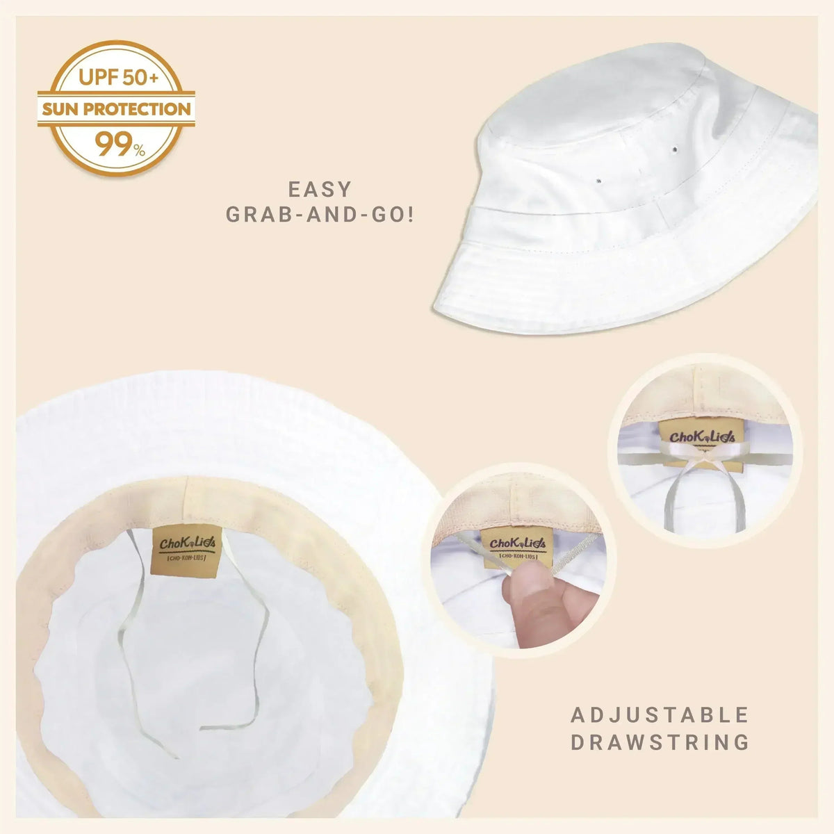 Washed cotton bucket hat with moldable brim, white color, adjustable drawstring
