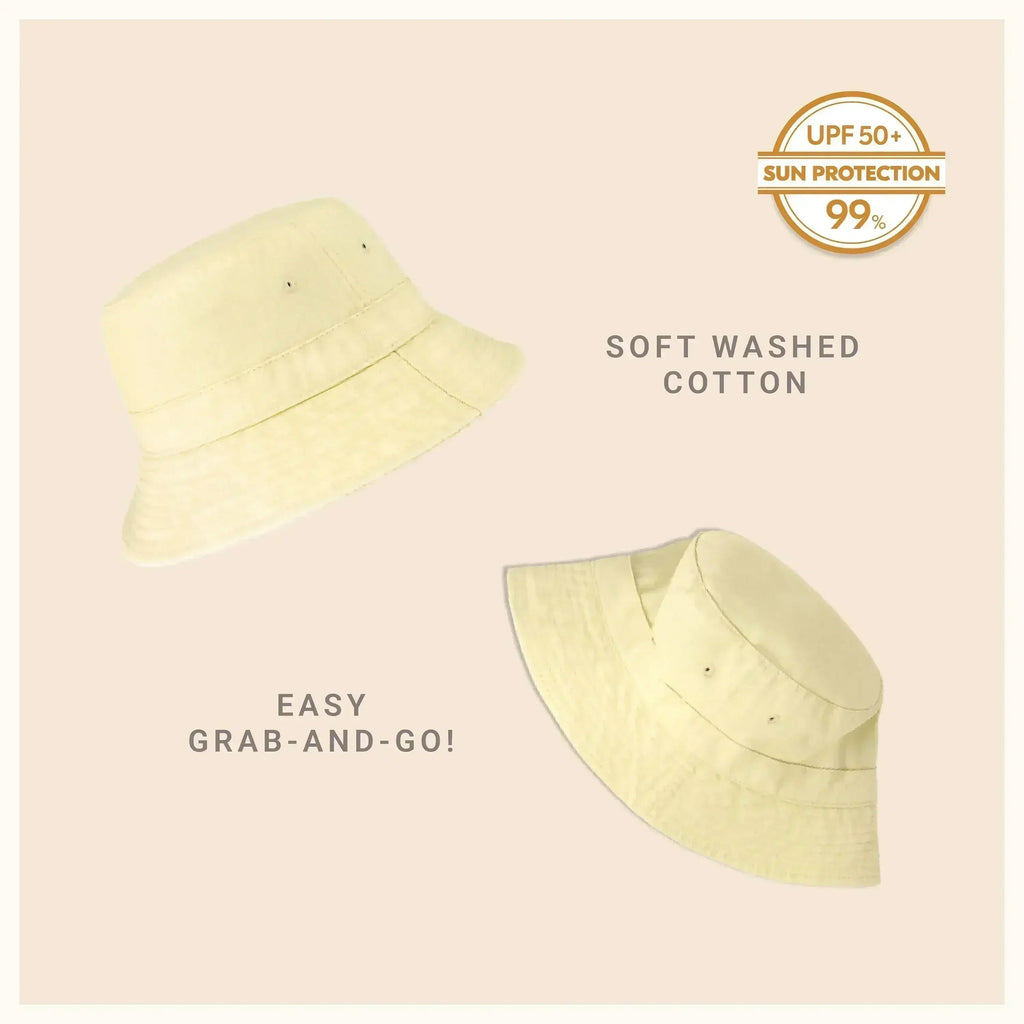 Washed cotton bucket hat with moldable brim, pale yellow color, UPF sun protection