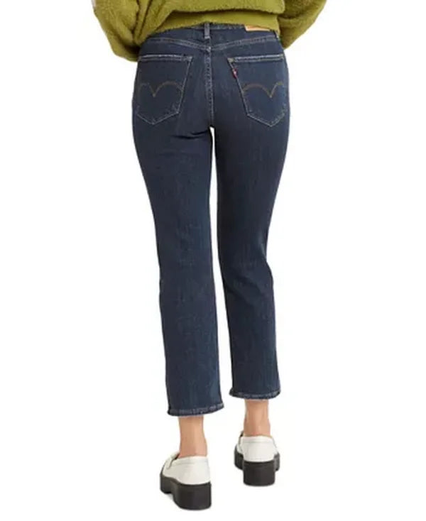 Women's dark indigo straight-leg cropped jeans with back pockets and belt loops