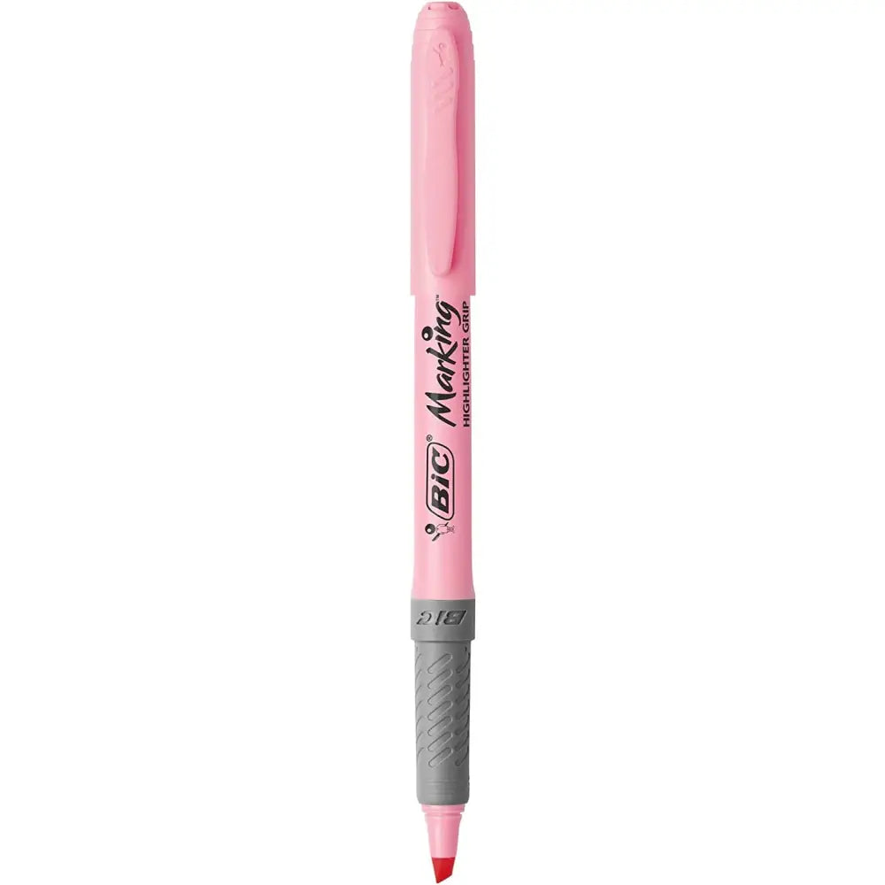 Pastel pink highlighter pen with rubber grip and chisel tip