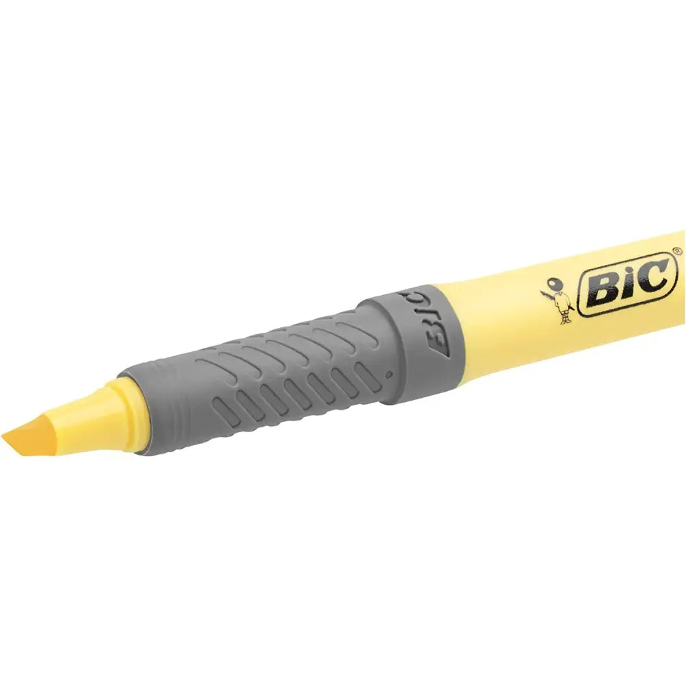 Close-up of yellow highlighter pen with chisel tip and textured rubber grip
