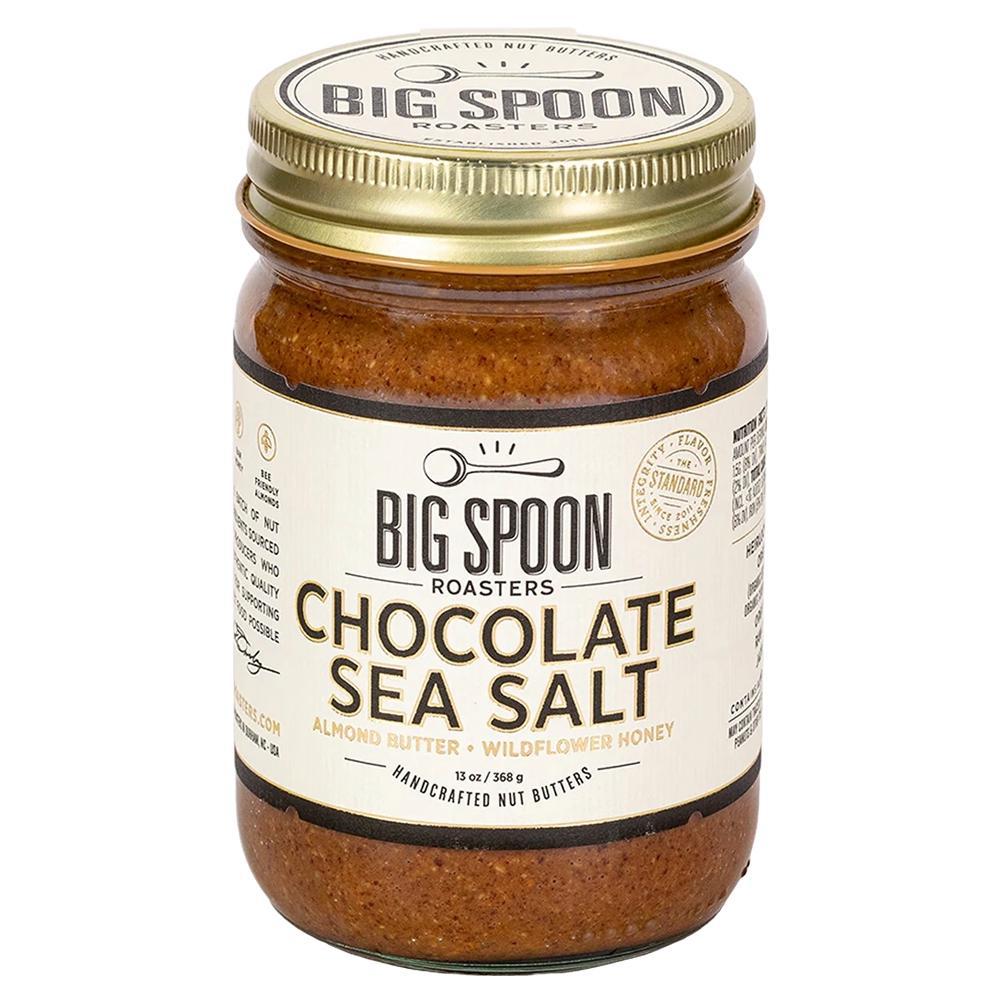 Big Spoon chocolate sea salt almond butter jar, 13 oz, glass with gold lid