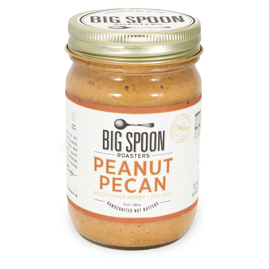 BIG SPOON Roasters jar of peanut pecan nut butter with gold lid, 10 oz