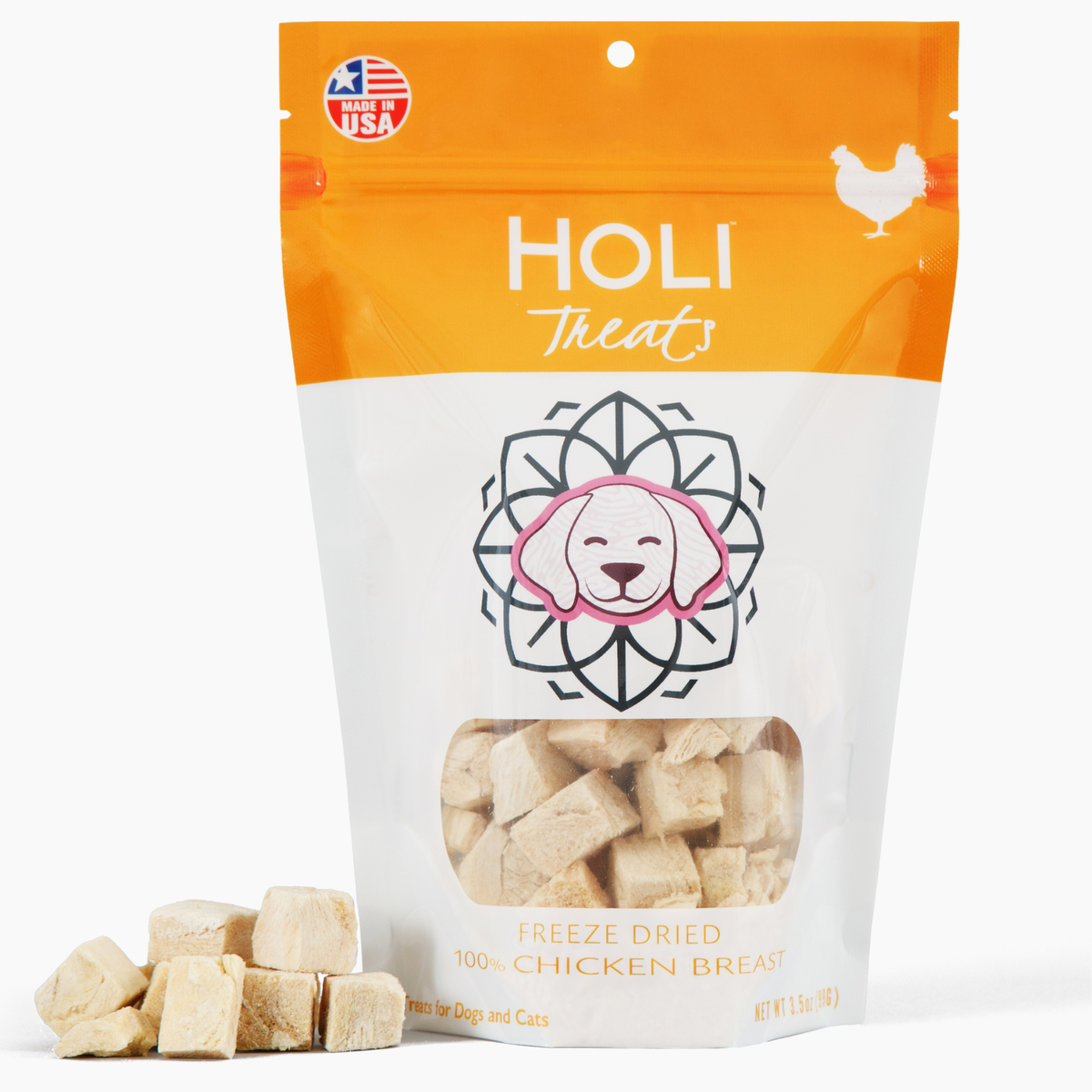 Freeze-dried chicken breast dog treat pouch and pale cubes