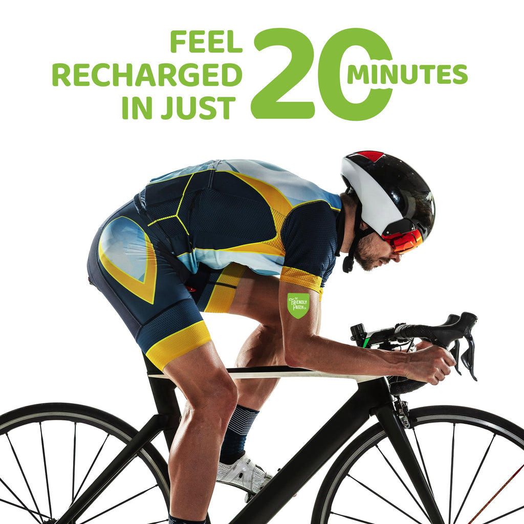 Cyclist with BOOST patch on jersey; 'Feel recharged in just 20 minutes' text