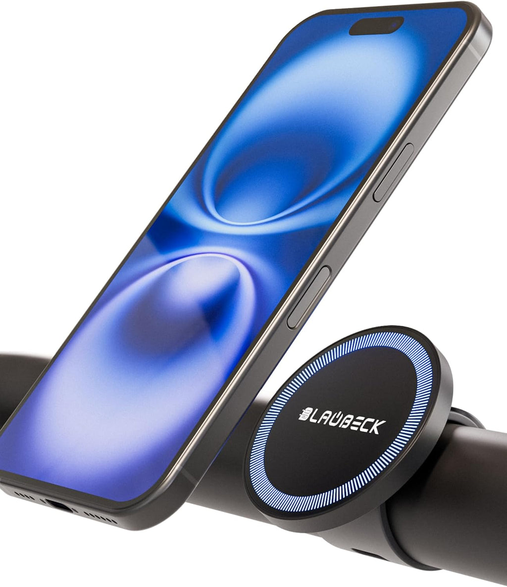 MagSafe magnetic phone holder with BLAUBECK circular mount and blue phone attached