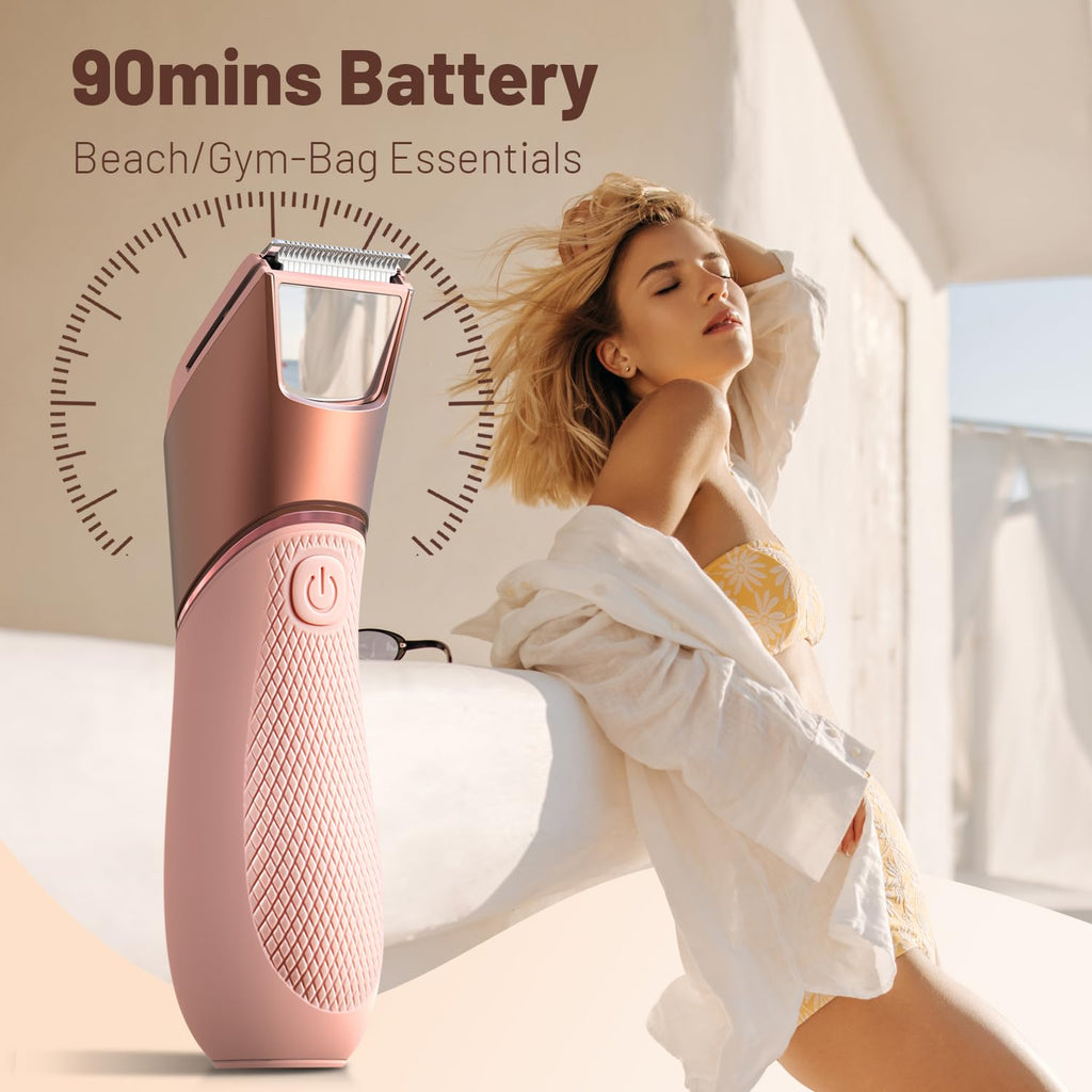 Pink rechargeable body trimmer with transparent mirror and power button