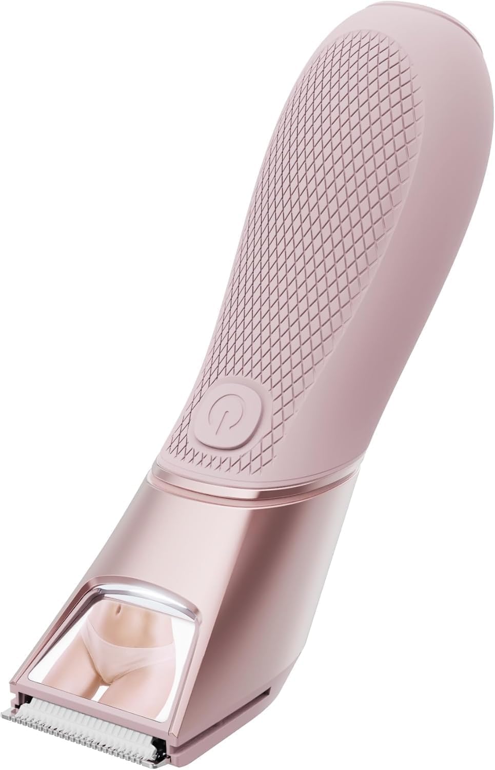 Pink electric body trimmer with textured grip and hinged shaving head