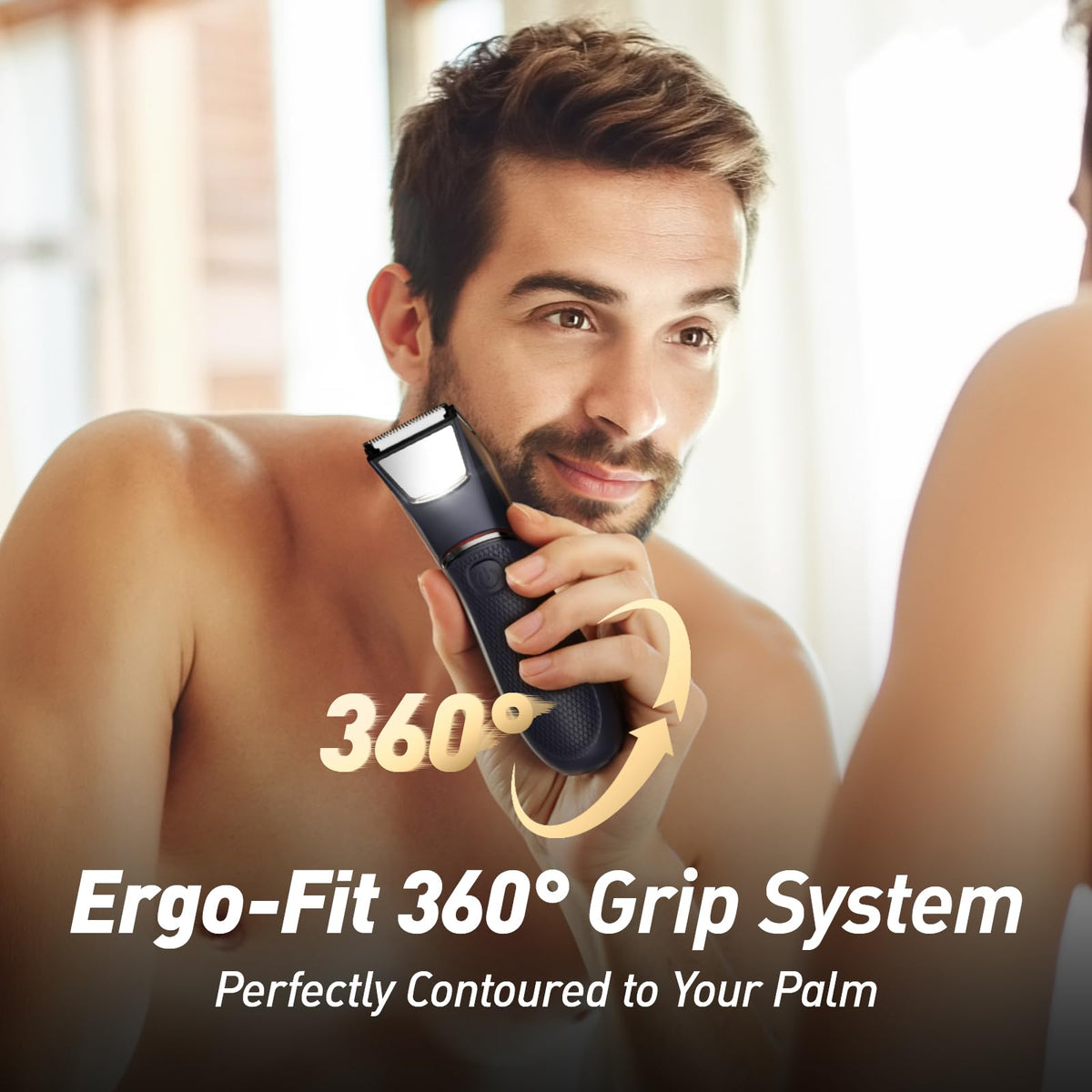 Black electric trimmer with 360° ergo-fit grip system and shaving head for skin