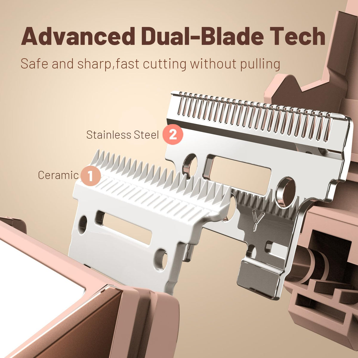 Electric trimmer dual-blade shaving head with stainless steel and ceramic blades