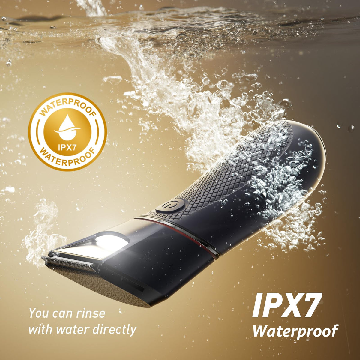 Black electric bikini trimmer with LED light and IPX7 waterproof design for wet rinsing