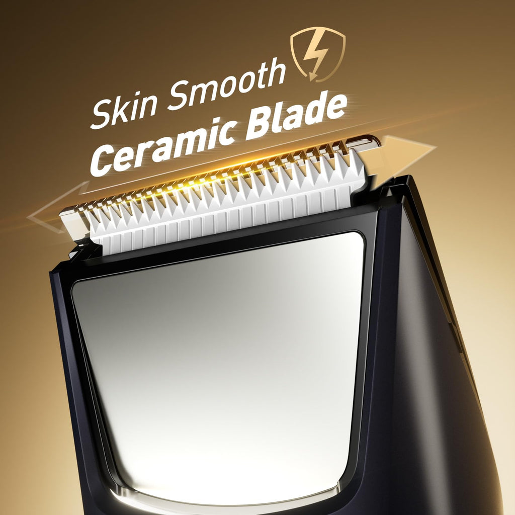 Close-up of electric trimmer ceramic blade and dual-precision cutting head