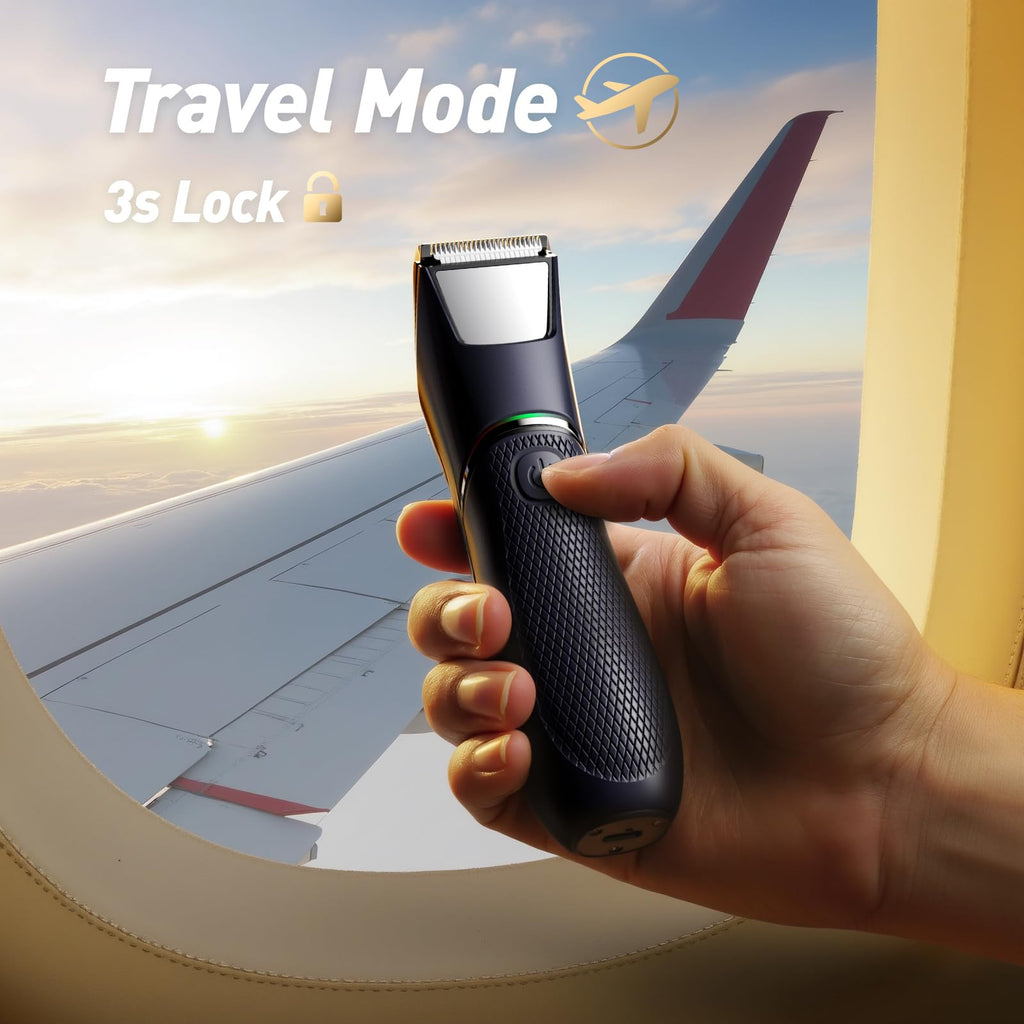 Compact black electric trimmer with travel mode and 3s lock feature