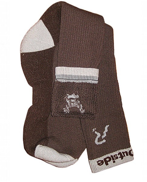 Dark brown winter sock with white stripe band and small logo patch on cuff